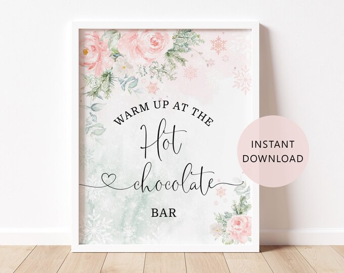 Hot chocolate bar Sign. Blush pink Warm up at the Hot Chocolate bar Sign. Winter baby shower decoration. Instant Download #wb5