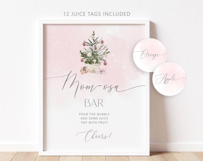 Winter Mom-osa Bar Sign. Pink pine tree Bubbly Bar Sign. Winter Baby Shower Decoration Signs, winter mom-osa bar juice tags #ad7