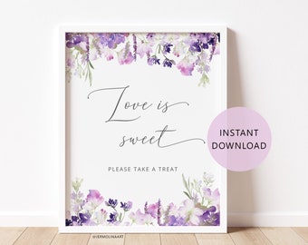 Purple Love is Sweet Table Sign. Lilac wildflowers Love is sweet please take a treat sign. Purple Bridal shower sign Instant Download #09