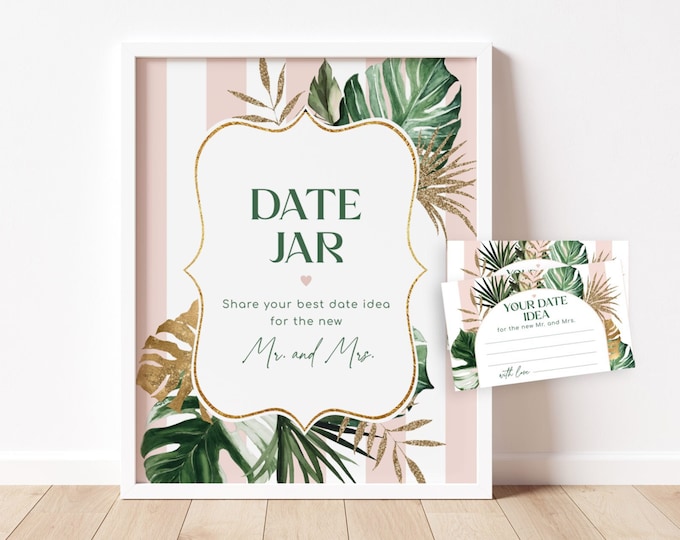Tropical green pink Date Jar Game. Palm leaves Date Jar Sign, Date Ideas Cards. Beverly hills Date Night Bridal Shower Games #bev1