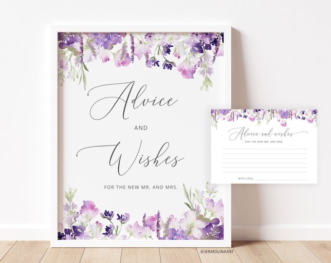 Purple Advice and Wishes for the Newlyweds.  Wildflowers Advice for Bride & Groom Game. Lilac Wedding advice card Instant Download #09