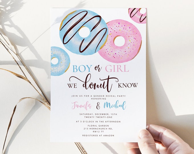 Donut gender reveal invitation. We donut know gender reveal invitation. Donut baby shower invitation. Corjl Printable #04