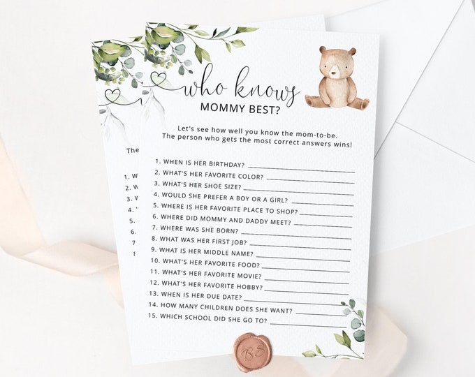 Eucalyptus Who Knows Mommy Best. We can bearly wait baby shower game. Bear who knows mommy best game. Instant Download #w5