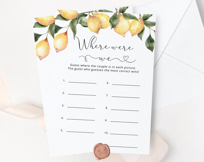Lemon Where were we bridal shower game. Couple shower where were they game. Citrus where were we game. Instant Download #lm1