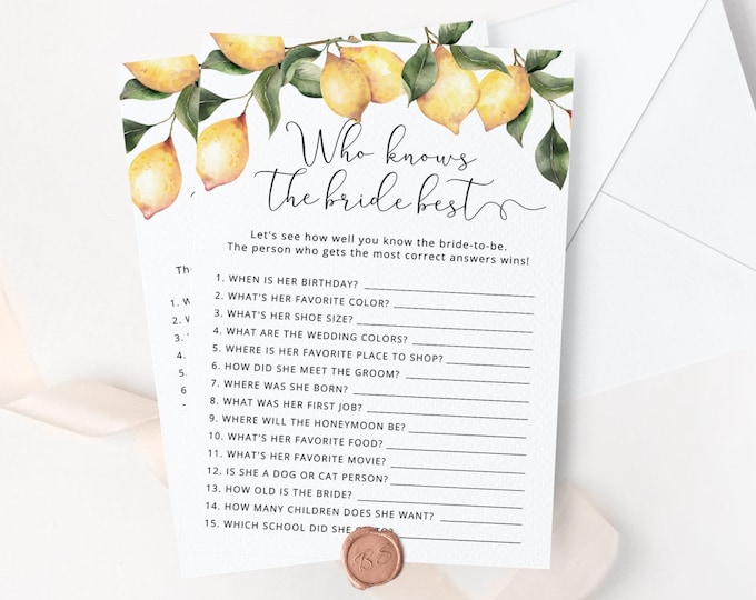 Lemon Who Knows the Bride Best game. Citrus Bridal Shower Games, How Well Do You Know the Bride game. Instant Download #lm1