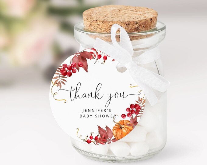 Pumpkin baby shower favor tag. Fall bridal favor tag template. Fall Circle Favor Tags Template Fall baby shower Corjl #p1
