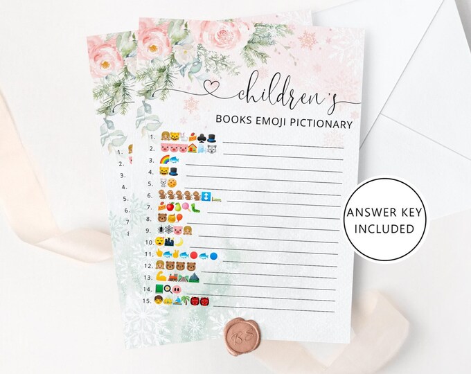 Children's Book Emoji Pictionary. Winter blush pink Baby Shower emoji pictionary guessing game with answers. Instant download #wb5
