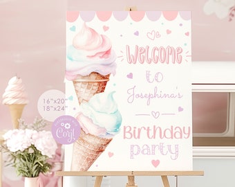 May include: A pink and white welcome sign with a watercolor illustration of two ice cream cones. The sign says "Welcome to Josephine's Birthday Party".