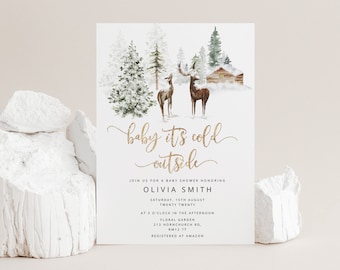 Baby it's cold outside Baby Shower Invite. Editable winter Woodland Baby Shower Invitation. Rustic Pine Tree Winter Baby Shower. #w3