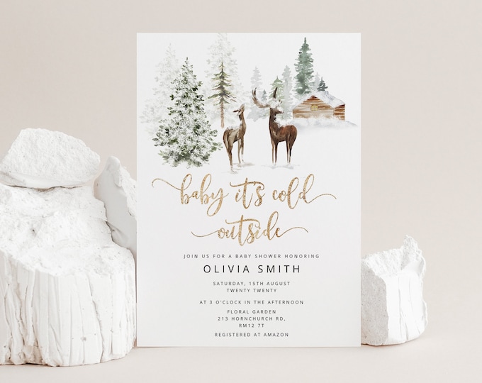 Baby it's cold outside Baby Shower Invite. Editable winter Woodland Baby Shower Invitation. Rustic Pine Tree Winter Baby Shower. #w3