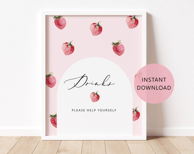 Strawberry Drinks help yourself Sign Printable. Berry sweet Drinks sign. Berry first birthday table sign. Instant Download #ber1