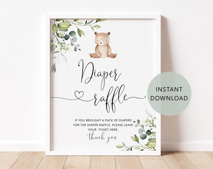 Bear diaper raffle sign. We can bearly wait baby shower.  Eucalyptus diaper raffle sign. Instant Download #w5