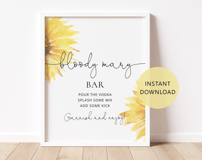 Bloody Mary bar sign. Sunflower Bloody Mary bar sign. Minimalist bridal shower decoration. Instant Download #sun1