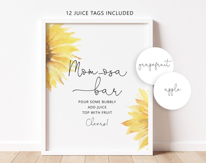 Sunflower Mom-osa Bar Sign, Minimalist Bubbly Bar Sign. Watercolor sunflower Baby Shower Decoration, Mom-osa bar juice tags #sun1