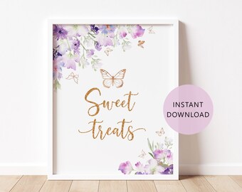 Signo de dulces de mariposa. Mariposa Púrpura toma una señal de regalo. Letrero de baby shower con besos de mariposa de oro lila #06