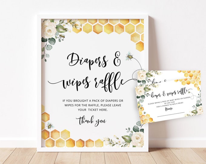 Bee diaper and wipes raffle sign.  Bee baby shower games.  Honey bee baby shower decor Instant Download #bee