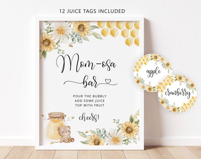 Honey bear Mom-osa Bar Sign, Bumble bee Bubbly Bar Sign. Honeycombs Mom-osa bar, Bee Mom-osa bar juice tags #hb1