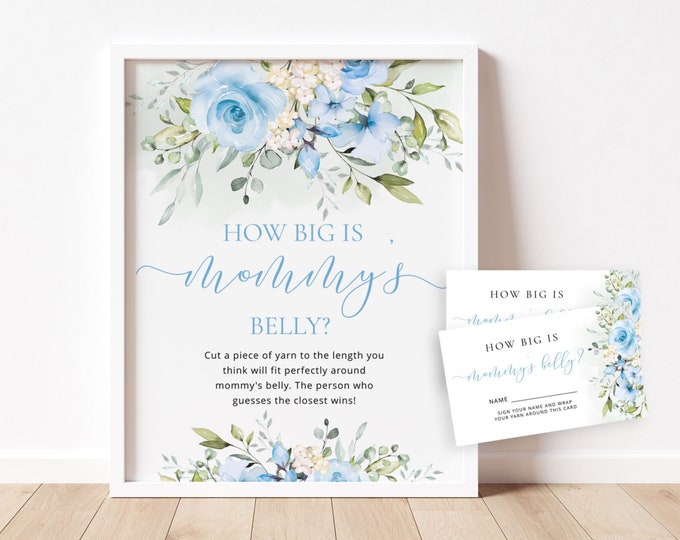 Eucalyptus How Big is Mommy's Belly Game. Blue floral Belly Guessing Game. Instant Download #fl3