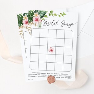 Bingo de despedida de soltera tropical. Bingo nupcial imprimible. Pam floral deja juegos de despedida de soltera. Descarga instantánea imprimible de despedida de soltera #16