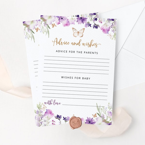 Purple Butterfly Advice and wishes for the parents to be. Lavender gold butterfly advice card Instant download #06