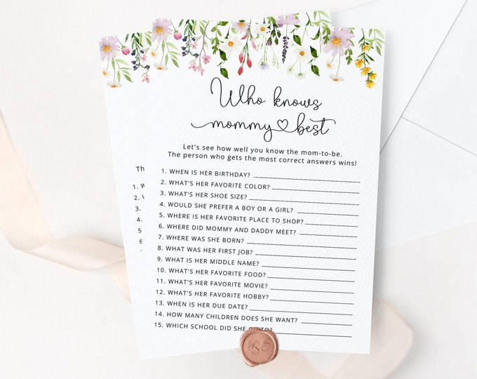 Who Knows Mommy Best baby shower game. Wildflowers who knows mommy best game. Wildflowers baby shower game Instant Download #wl1