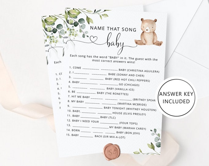 Name that song baby game. Bear name that song baby shower game. Woodland baby shower games. Instant Download #w5