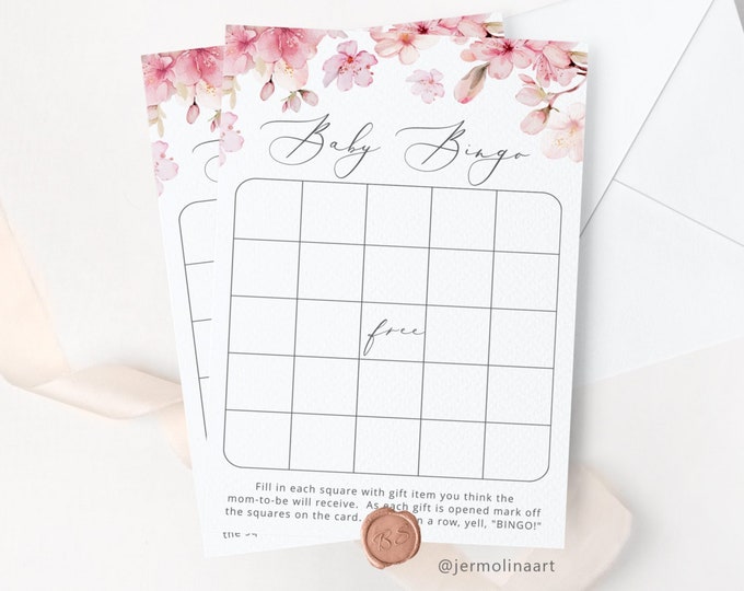 Blush pink Baby Shower Bingo Card. Cherry blossom Baby Shower bingo game printable. Sakura baby bingo game Instant Download #s1