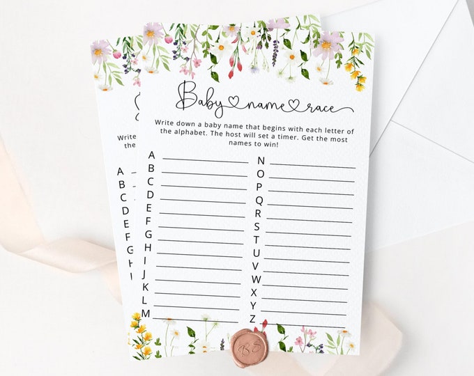 Baby name race Baby Shower Game. Wildflowers baby name race game. Spring flowers Guessing Game. Instant Download #wl1