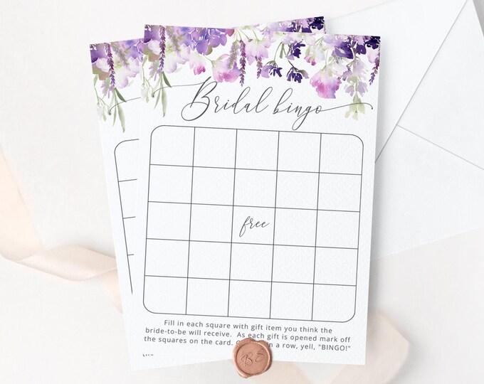 Lilac Bridal Shower Bingo. Printable lavender Bridal Bingo. Wildflowers purple Bridal shower printable Instant Download #09