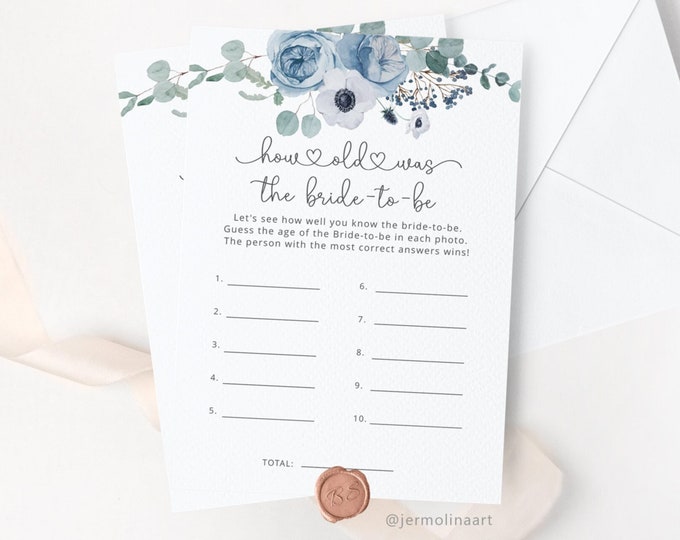 Dusty blue How Old was the Bride, Guess the Brides Age bridal shower game. Dusty blue Bridal Shower Games Instant Download #dus