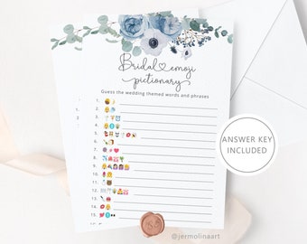 Dusty Blue Floral Bridal Shower Emoji Pictionary Game (PDF)  #dus