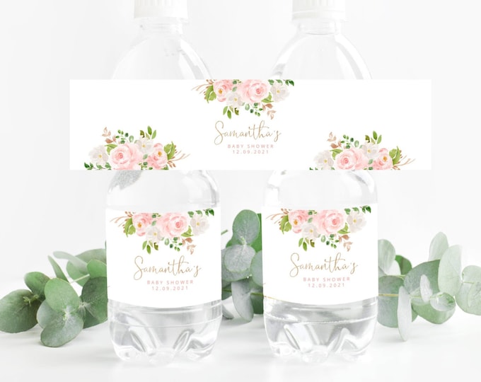 Baby shower Water Bottle Labels. Blush gold floral Water Bottle Labels. Pink floral baby shower decoration.  Corjl template #fl1