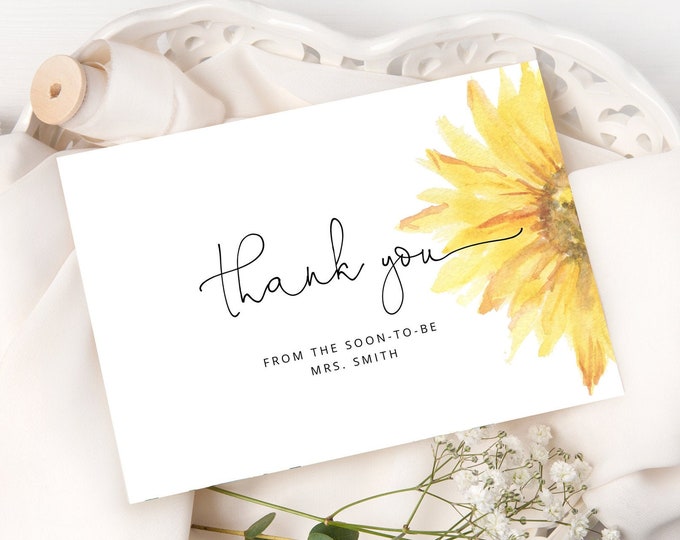 Sunflower Thank You Card Printable Template. Instant Download. Sunflower bridal shower Thank You Card. Bohemian card. #sun1