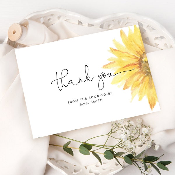 Sunflower Thank You Card Printable Template. Instant Download. Sunflower bridal shower Thank You Card. Bohemian card. #sun1