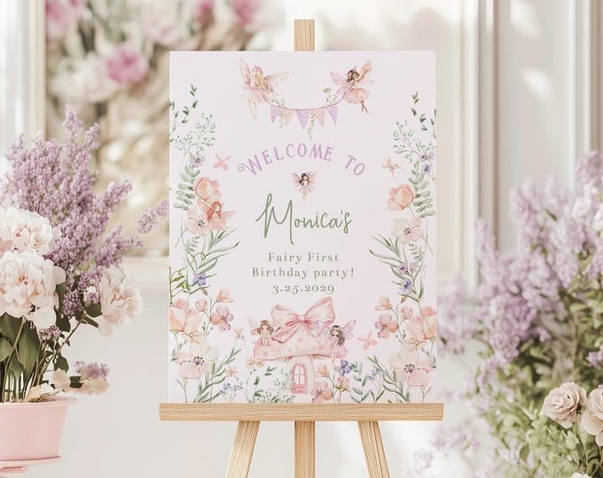 Fairy First Enchanted Forest Birthday Welcome sign Corjl template  #ff1