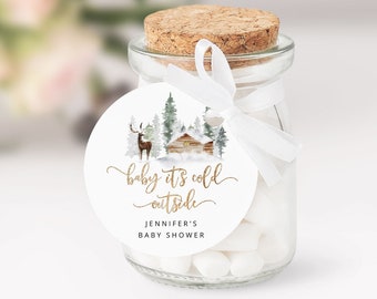 Deer Baby its cold outside favor tag template.  Editable woodland forest round favor tag. Coffee cup sticker template #w3