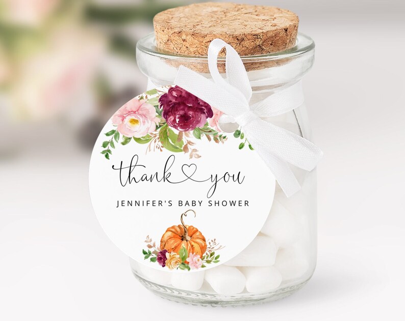 Pumpkin baby shower sticker template Little pumpkin favor tag template Burgundy floral fall round favor tag p2