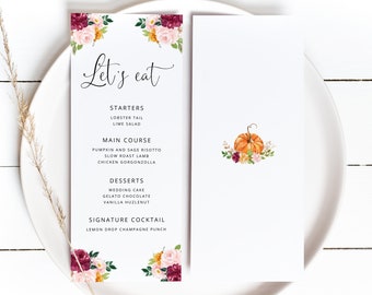 Fall pumpkin menu template. Printable Menu Card template. Fall Bridal Shower Menu card.  Corjl Printable Instant Download. #p2 #fp