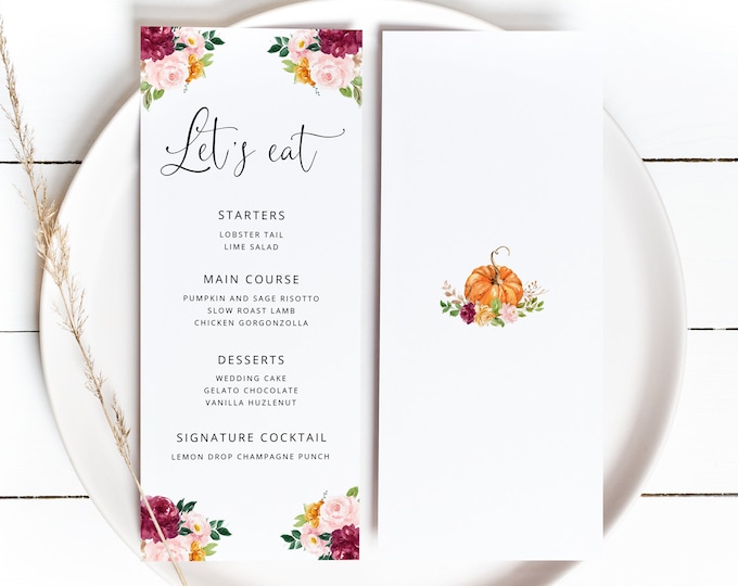 Fall pumpkin menu template. Printable Menu Card template. Fall Bridal Shower Menu card.  Corjl Printable Instant Download. #p2 #fp