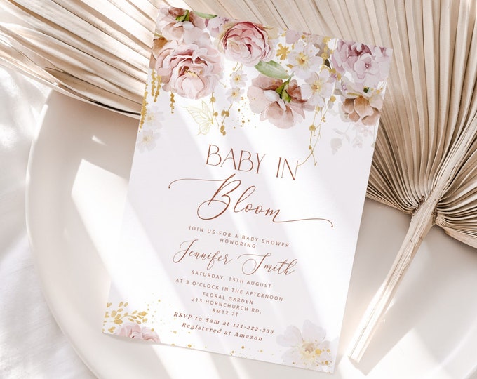 Baby in bloom Baby Shower Invitation template.  Garden flowers baby shower Invitation. Wildflowers baby in bloom Corjl printable #gar1