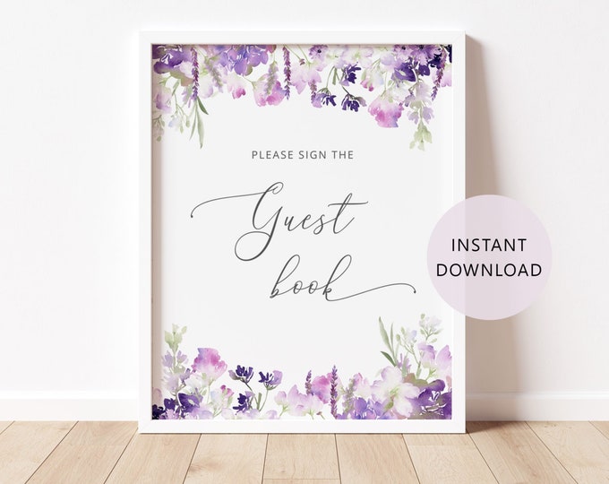 Lavender Guest book Sign. Wildflowers purple Guest book Sign. Guest Book Sign. Printable lilac guest book sign. Instant Download #09
