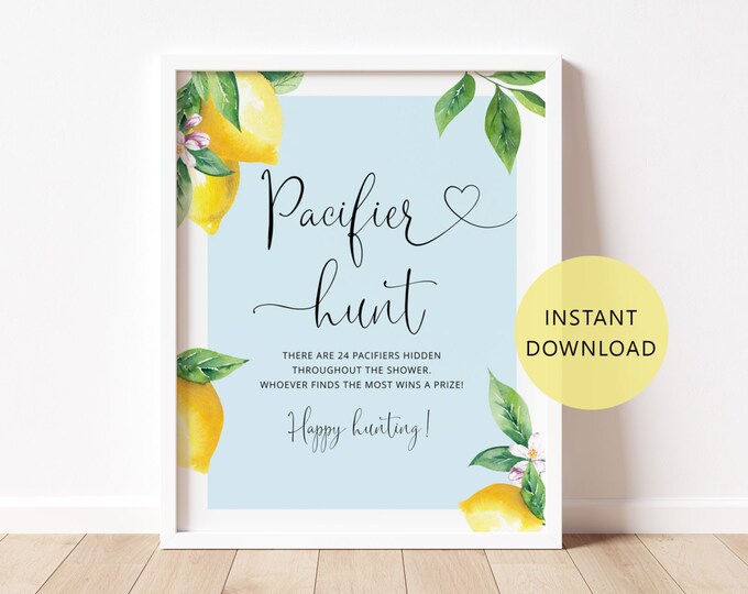 Lemon Pacifier Hunt Sign, blue Lemon Pacifier hunt Sign. Citrus Find The Pacifier Game Printable. Instant Download #lem4