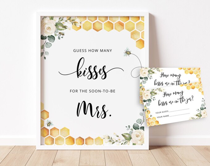 Bee Guess How Many Kisses bridal game. Honeycombs floral Bridal Shower Guessing Games. How Many Kisses for the Mrs Instant Download #bee3