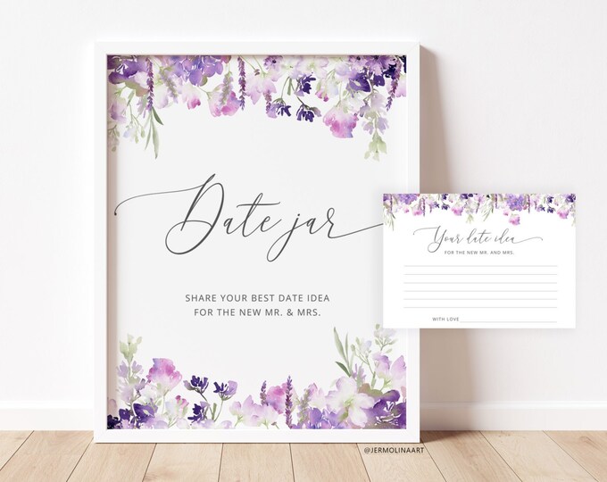 Purple wildflowers Date Jar Game. Lilac Date Jar Sign, Date Ideas Cards. Floral Date Night Bridal Shower Games #09