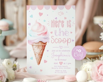 Here is the scoop birthday invite. Pastel Ice Cream first birthday invitation. Girl Ice cream birthday invitation. Corjl template #ice1