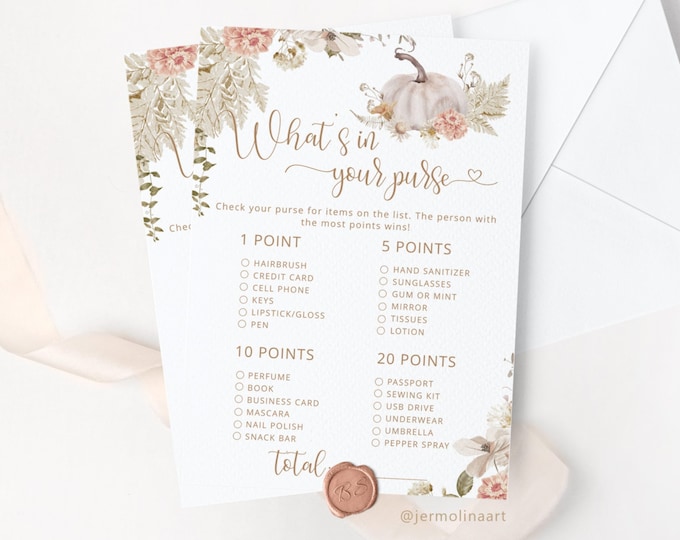 What's in Your Purse Game. Boho Pumpkin what's in your purse baby shower games. Fall Whats in Your Purse game. Instant Download #p8