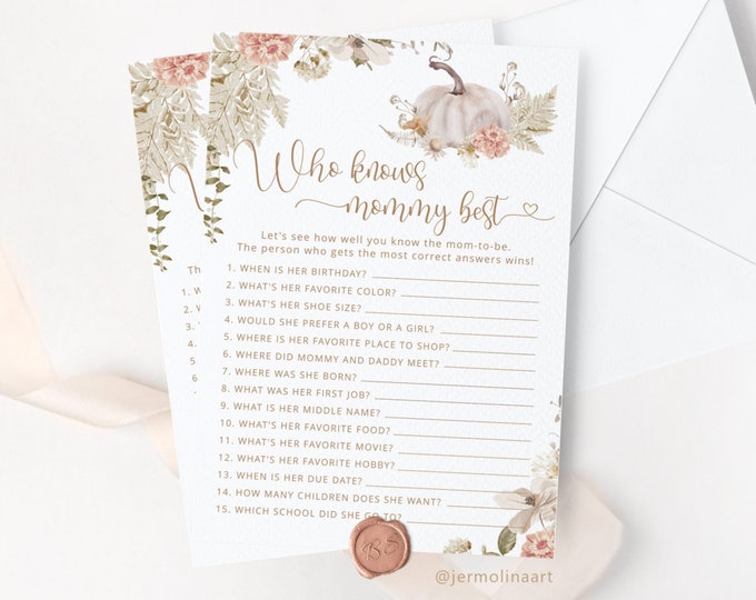 Fall Who Knows Mommy Best. Boho Floral fall Baby Shower Game Printable. Instant Download #p8
