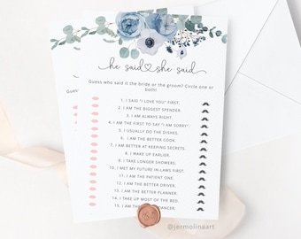 Dusty blue He said she said Bridal Shower Game.  Dusty blue Bride or Groom Hen Party Games Instant Download #dus