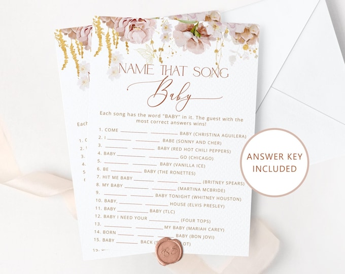 Garden floral name that song baby shower game.  Boho musical baby shower game. Floral bloom Baby shower guessing game #gar1