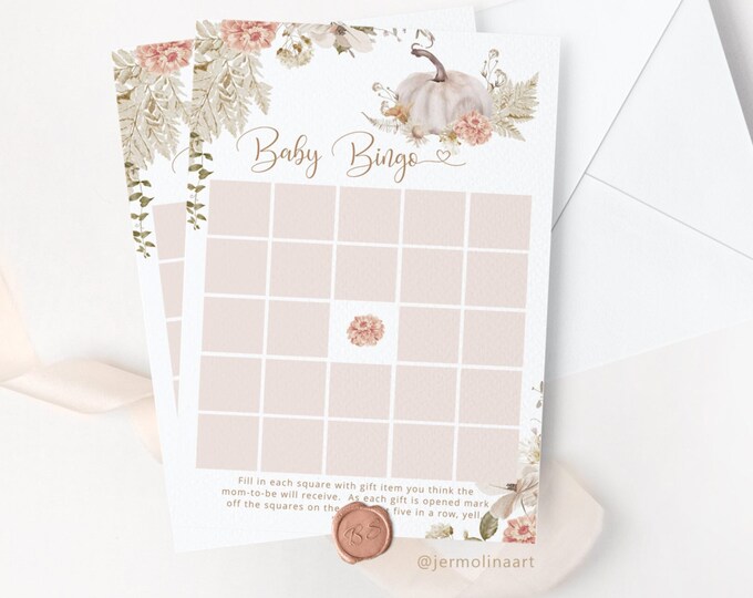 Boho pumpkin Baby Shower Bingo Card. Boho fall baby bingo game. Little pumpkin baby bingo card. Instant Download #p8